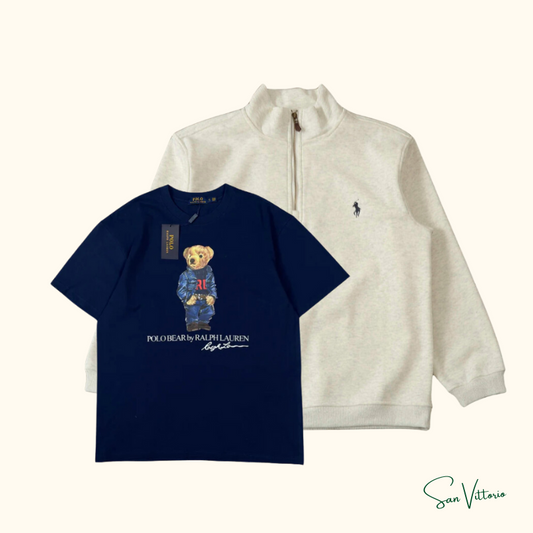 KIT RL 1! Suéter Meio Zíper Ralph Lauren Bege + Camiseta "Bear Jersey" Ralph Lauren Azul